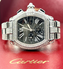 Cartier Roadster XL Men's Watch Black Dial 43mm Iced Out 13ct Diamonds Ref 2618