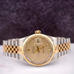 Rolex Mens Datejust 36mm 18k Yellow Gold & Steel Watch Gold Diamond Dial 16013