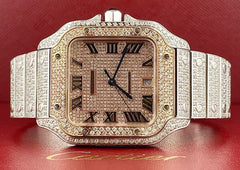 Cartier Santos Men's 40mm RoseGold Dial Steel Watch Roman Iced Out 12ct Diamonds