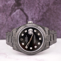 Rolex Men's Datejust 41mm Black Iced Out 10ct Diamonds Oyster Steel Watch 116300