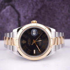 Rolex Men's Datejust II 41mm 18k Gold&Steel Oyster Black Roman Dial Watch 116333