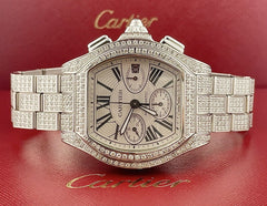 Cartier Roadster 44mm Men's Steel Watch White Dial Iced 12ct Diamonds Ref 3405