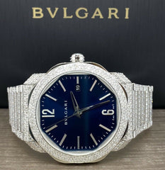 Bvlgari Men's 41mm Automatic Octo Roma Blue Dial 15ct Diamond Iced Out Watch