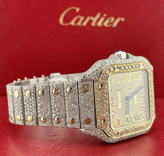 Cartier Santos Ladies 35mm 18K Yellow Gold & Steel Watch Roman Iced 20ct Diamond