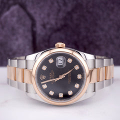 Rolex Datejust 36mm Watch Black Diamond Dial 18k Rose Gold & Steel 116201