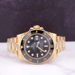 ROLEX 40MM SUBMARINER DATE WATCH 18K YELLOW GOLD BLACK CERAMIC BEZEL 116618LN