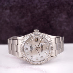 Rolex Date 34mm Ladies ICED 1.50ct Diamonds White Dial Oyster Steel Watch 15000