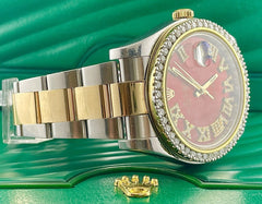 Rolex Men's Datejust 41mm 18k Gold & Steel Iced 3ct Diamonds Red Roman 116333