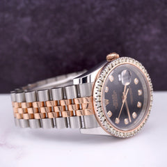 Rolex Datejust 36mm 18k Rose Gold & Steel Watch 2ct Diamonds Jubilee Black Dial