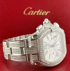 Cartier Roadster XL Men's Watch Silver Dial 43mm Iced Out 12ct Diamonds Ref 2618