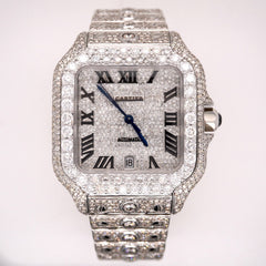 Cartier Santos Men's 40mm Large Steel Watch Roman Iced 20ct Diamonds SOLITAIRE