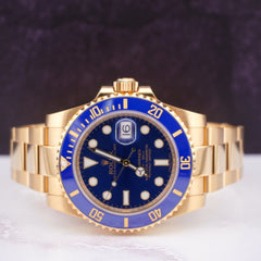 ROLEX 40MM SUBMARINER DATE WATCH 18K YELLOW GOLD BLUE CERAMIC BEZEL 116618LB