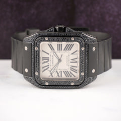 Cartier Santos 100 XL 38mm Mens Iced 3ct Diamonds White Roman Rubber/Steel Watch