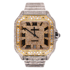 Cartier Santos Mens 40mm Large Model Steel Watch Yellow Roman Iced 20ct Diamonds