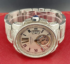 Cartier Calibre 42mm Men's Steel Watch White Dial Iced 11ct Diamonds Ref 3389