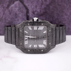 Cartier Men's Santos Large 40mm Steel Watch Black PVD 11ct Diamonds Roman Dial