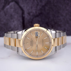 Rolex Mens Datejust 36mm 18k Yellow Gold & Steel Watch Gold Dial Fluted 126233