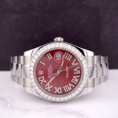 Rolex Men Datejust 41mm Oyster Steel Watch ICED 3ct Diamond RED Roman Dial