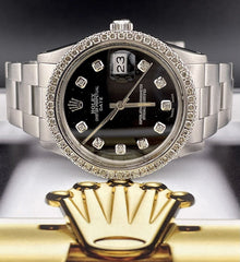 Rolex Date 34mm Ladies ICED 2ct Diamonds Black Dial Oyster Steel Watch Ref 15000