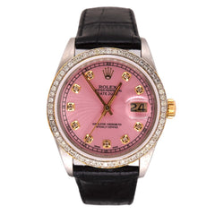 Rolex Mens Datejust 36mm Gold/Steel ICED 1.75ct Diamond Pink Dial Watch Leather