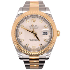 Rolex Men Datejust II 41mm 18kGold&Steel Oyster Ivory Diamond Dial Watch 116333