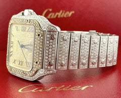 Cartier Santos Large Men's 40mm Roman Gold Dial Steel Watch Iced 12ct Diamonds