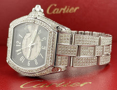 Cartier Roadster 38mm Men's Steel Watch Black Dial Iced 10ct Diamonds Ref 2510