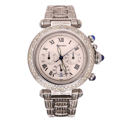 Cartier Pasha Chrono Ladies 38mm Steel Watch Roman Iced 7ct Diamonds Ref 1050