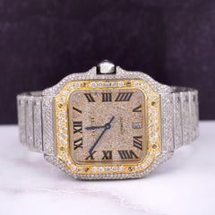 Cartier Santos Mens 40mm Large Model Steel Watch Yellow Roman Iced 20ct Diamonds