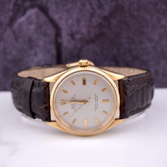 Rolex Oyster Perpetual 34mm 14k Gold Vintage Men's Watch Fluted Leather Ref 6585