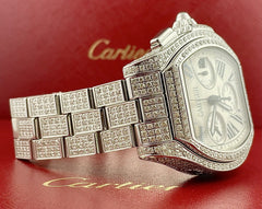 Cartier Roadster 44mm Men's Steel Watch White Dial Iced 12ct Diamonds Ref 3405