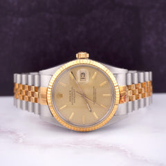 Rolex Mens Datejust 36mm 18k Yellow Gold & Steel Watch Gold Dial Box/Paper 16013