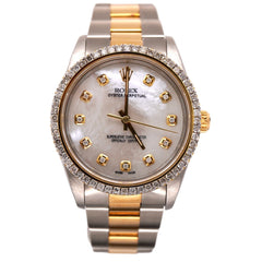 Rolex 34mm Oyster Perpetual 18k Gold & Steel Watch 2ct Diamonds White M.O.P.