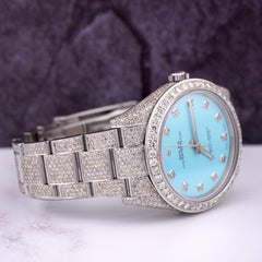 Rolex Men's Oyster Perpetual Steel Watch 39mm Iced 15ct Diamond Baby Blue