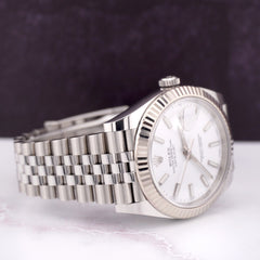 Rolex Datejust 41 Men Steel Watch White Stick Dial Fluted Bezel Jubilee 126334