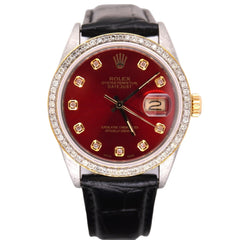 Rolex Mens Datejust 36mm Gold/Steel ICED 1.75ct Diamond Red Dial Watch Leather