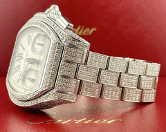 Cartier Roadster 44mm Men's Steel Watch White Dial Iced 12ct Diamonds Ref 3405