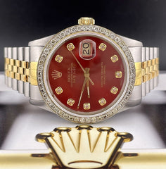 Rolex Mens Datejust 36mm 18k Yellow Gold & Steel ICED 1.75ct Diamonds Red Dial