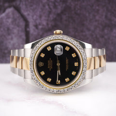 Rolex Men's Datejust 41mm 18k Gold & Steel Iced 3ct Diamonds Black Dial 116333