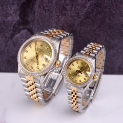 Rolex SET Datejust 26/36mm 18k Yellow Gold & Steel ICED 1.75ct Diamond Gold Dial