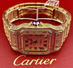 Cartier Santos 32mm Ladies Watch Iced 10ct YELLOW Diamonds Gold PLATED Ref 2823