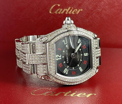 Cartier Roadster 38mm Men's Steel Watch Black Dial Iced 11ct Diamonds Ref 2510