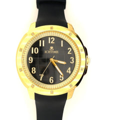 IceTime 42mm Men's Yellow Gold Steel Watch Iced 0.10ct Diamonds Black Dial AB102