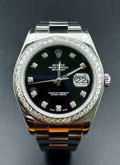 Rolex Mens Datejust 41mm Oyster Steel Watch ICED 3ct Diamond Black Dial 116300