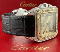 Cartier Santos 100 XL Mens 2-Tone Watch Iced 8ct Genuine Diamond Roman Ref 2656