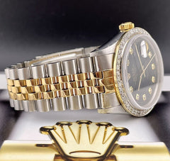 Rolex Mens Datejust 36mm 18k Yellow Gold & Steel ICED 1.75ct Diamonds Black Dial