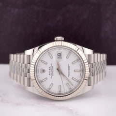 Rolex Datejust 41 Men Steel Watch White Stick Dial Fluted Bezel Jubilee 126334