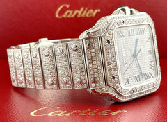 Cartier Santos Men's 40mm Large Model Steel Watch Roman Iced Out 12ct Diamonds