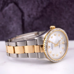 Rolex 34mm Oyster Perpetual 18k Gold & Steel Watch 2ct Diamonds White M.O.P.