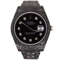 Rolex Men's Datejust 41mm Black Iced Out 10ct Diamonds Oyster Steel Watch 116300